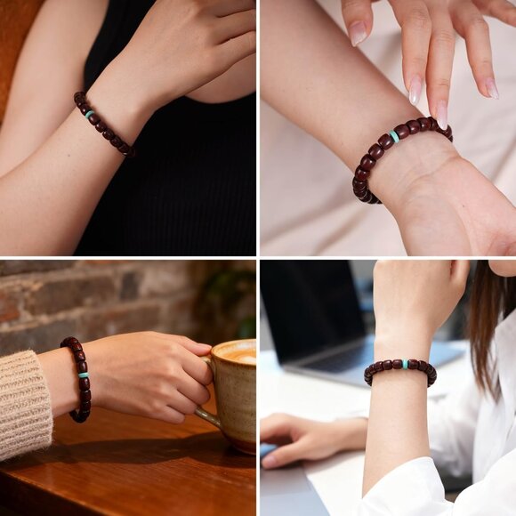 Handmade Red Sandalwood Mala Beads Bracelet with Turquoise - Unisex Meditation J - Picture 3 of 7